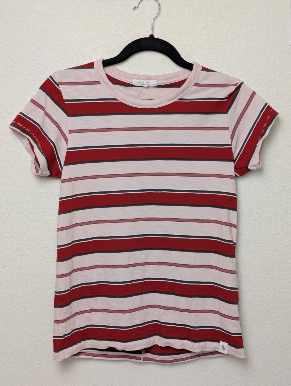 Rag & Bone T-Shirt Womens Small Slub Striped Pink Red Crew Neck Short Sleeve